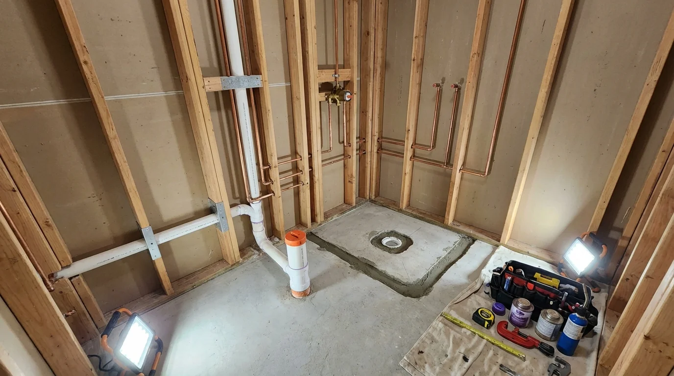 Bathroom rough-in plumbing during remodel by Johns Plumbing LLC in Clifton Heights