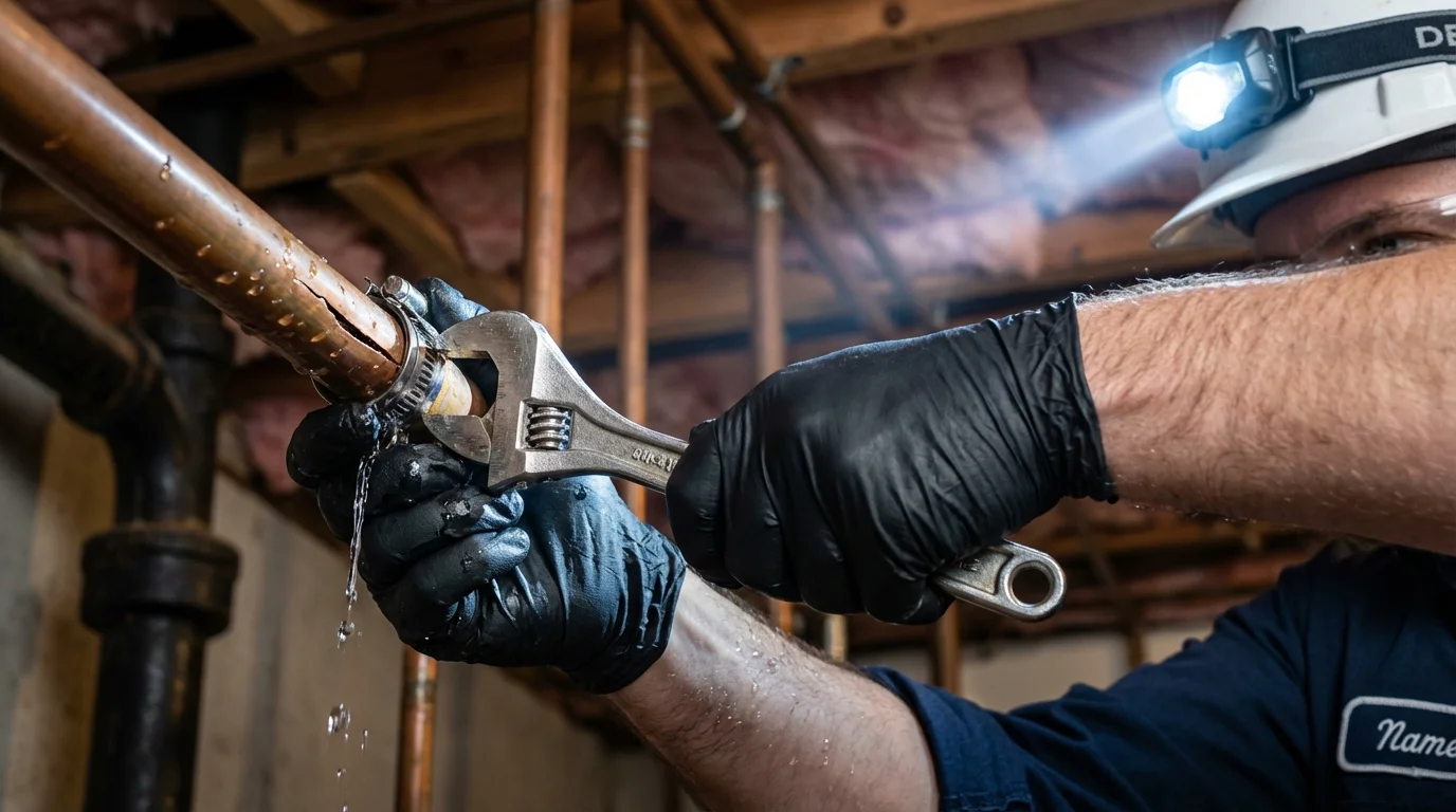 Emergency pipe clamp repair being performed by a Johns Plumbing LLC plumber in Clifton Heights