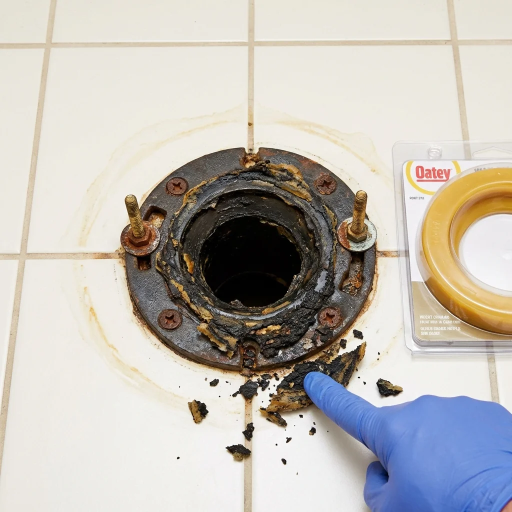 Failed wax ring showing water seepage at the base of a toilet in a Clifton Heights, PA home