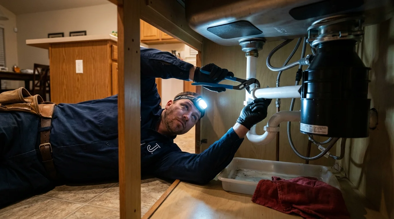 P-trap and supply line connections under a kitchen sink showing a common leak point in Clifton Heights, PA